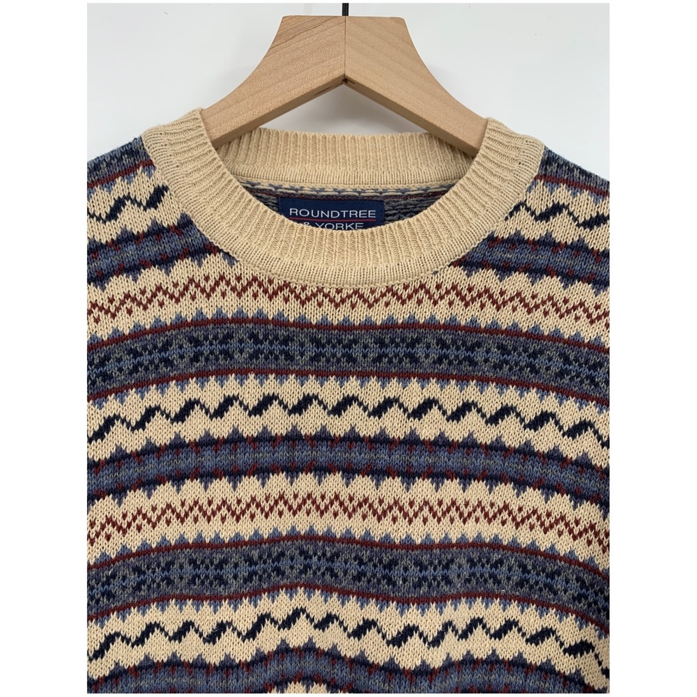 Vintage Roundtree & Yorke Sweater Mens Large Beige Fair Isle Knit Grandpa 90s